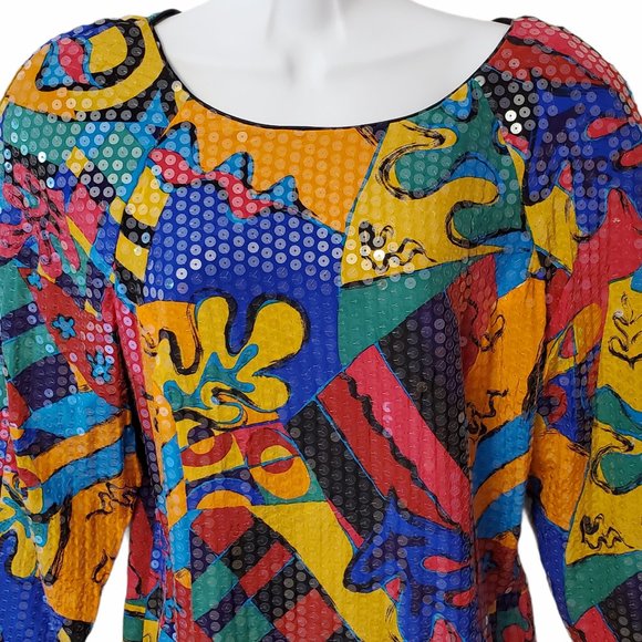 VTG 70s/80s Sequin Party Dress Women's S Colorful Midi Sheath Lined Zip Close - Picture 4 of 10